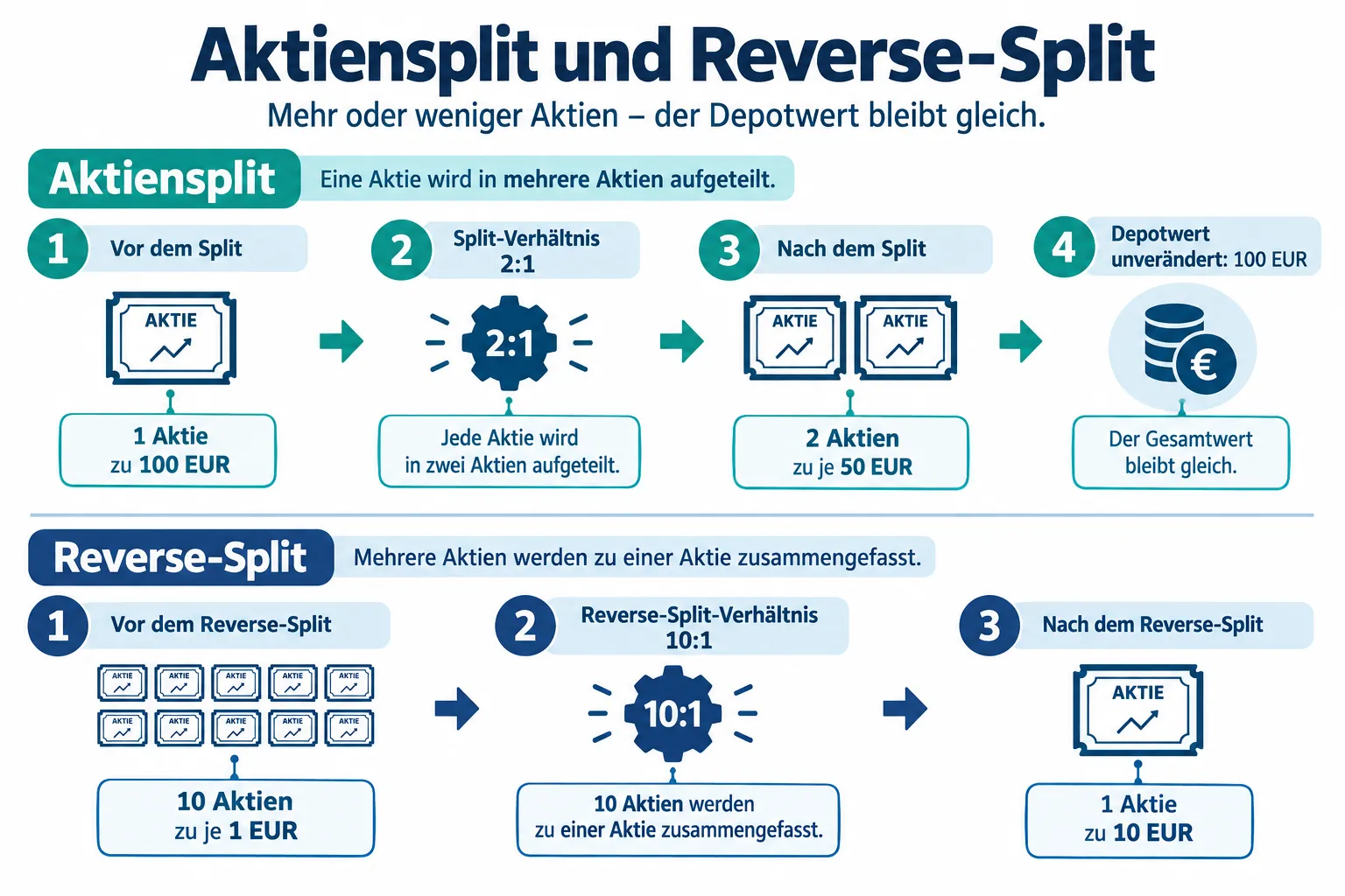 Aktien-Split oder Reverse-Split: Was passiert mit Depotwert, Einstandskurs und Bruchstücken? 1 Was ist ein Aktiensplit einfach erklärt?