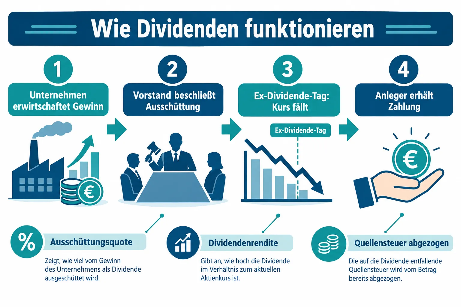Beste Dividendenaktien für monatliches Einkommen? Ausschüttungsrhythmus, Quellensteuer und Risiken erklärt 1 Was ist eine Dividendenaktie und wie funktioniert die Ausschüttung genau?