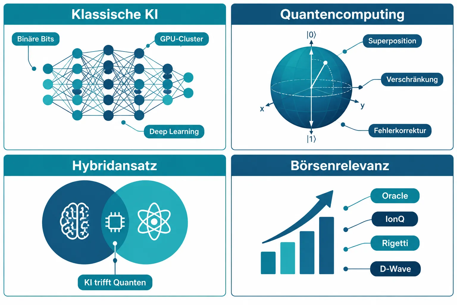Trend-Aktien aus KI und Quantencomputing: Warum Oracle, IONQ, Rigetti und D-Wave im Fokus stehen 1 Was ist Quantencomputing, und worin unterscheidet es sich von klassischer KI?