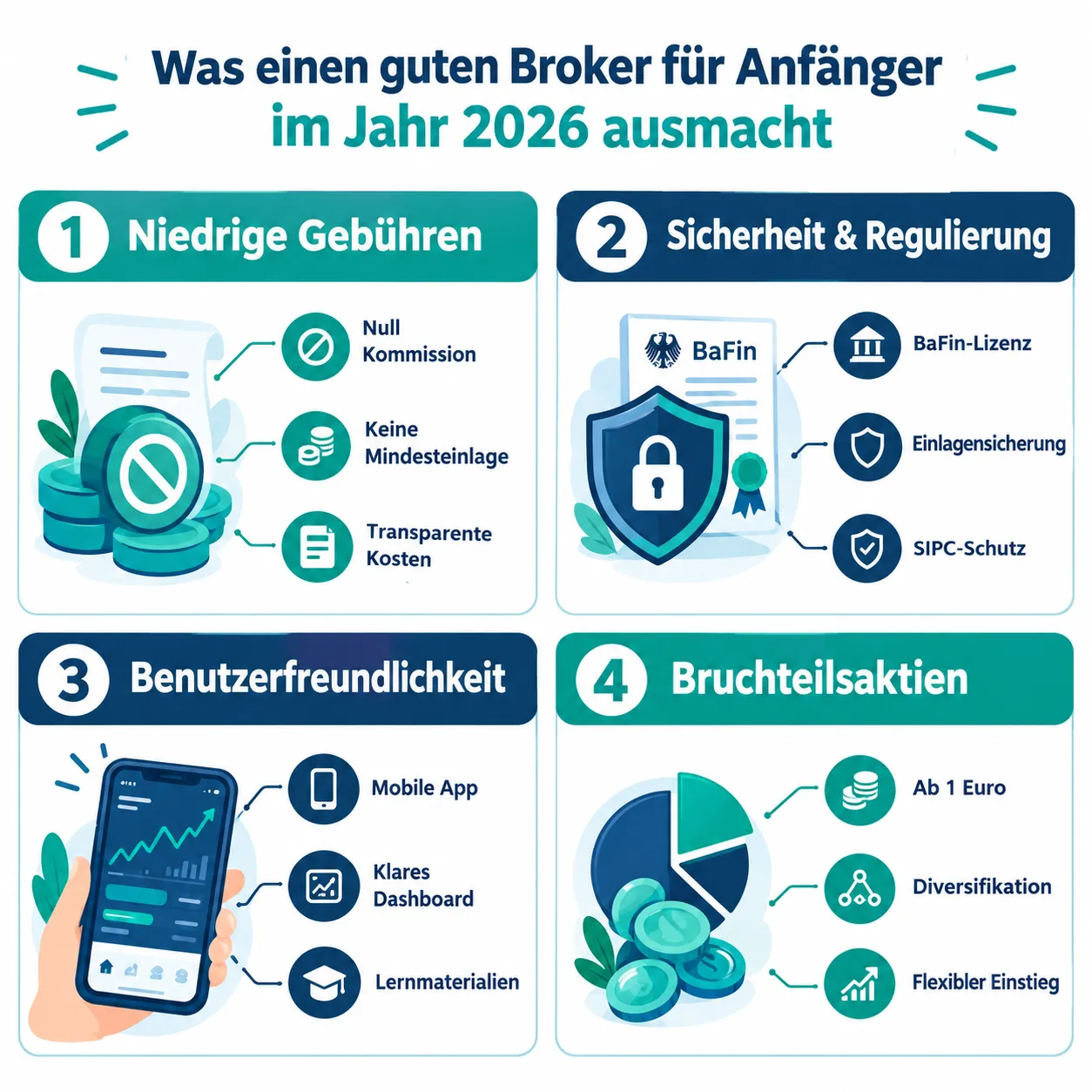 Beste Aktien-Broker für Anfänger 2026: Gebühren, Bruchteile, Sicherheit und Benutzerfreundlichkeit im Vergleich 1 Was macht einen Broker gut für Einsteiger?