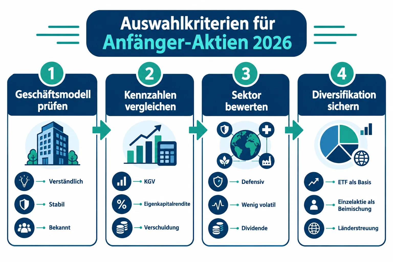 Beste Aktien für Anfänger 2026: Auswahlkriterien statt kurzfristiger Aktientipps 1 Was sind die wichtigsten Kriterien für Anfänger bei der Aktienauswahl?