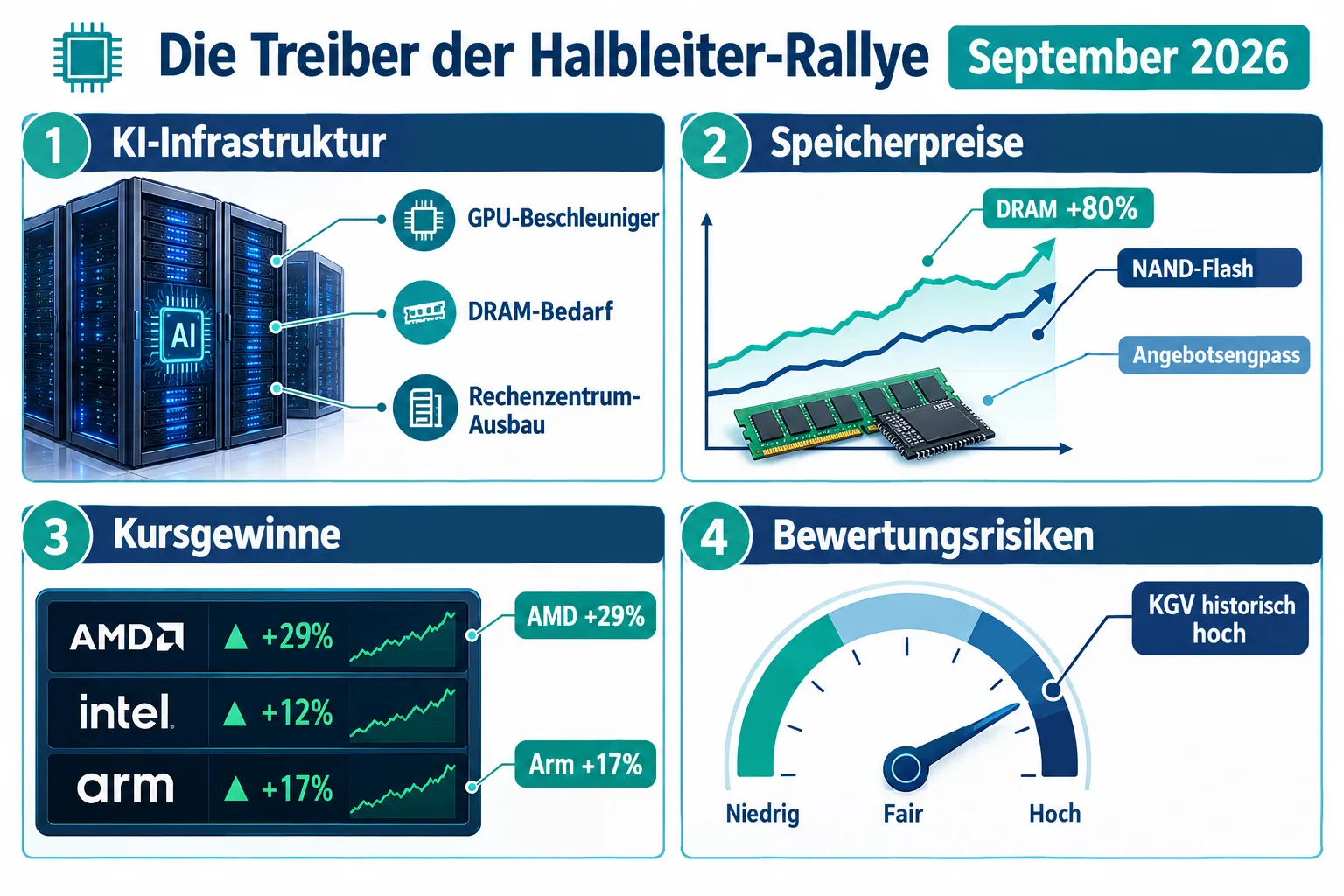 Warum steigen Halbleiter-Aktien im September 2026? KI-Nachfrage, Speicher und Bewertungsrisiken 1 Was treibt die Halbleiteraktien im September 2026 nach oben?