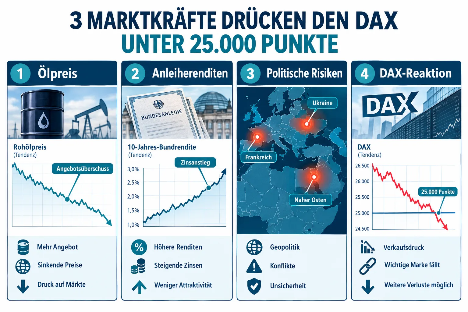 DAX unter 25.000 Punkten: Wie Anleger Ölpreise, Anleiherenditen und politische Risiken einordnen 1 Wie beeinflussen Ölpreise den DAX?