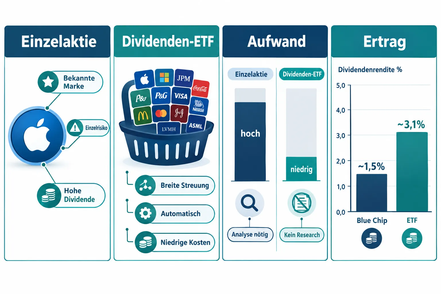 Blue-Chip-Dividendenaktien vs. Dividenden-ETFs: Was ist besser für passive Einkommensinvestoren? 1 Wie funktionieren Dividenden-ETFs und was enthalten sie?