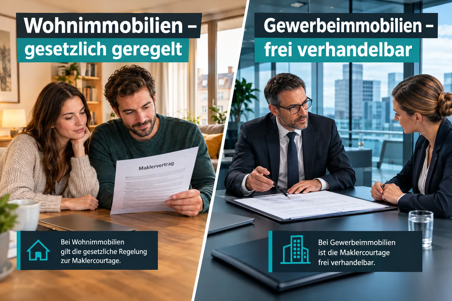 Maklercourtage bei Gewerbeimmobilien: Wer zahlt, welche Sätze gelten und was im Vertrag stehen muss 2 Wohnimmobilien vs. Gewerbeimmobilien: Was ist der Unterschied bei der Maklercourtage?